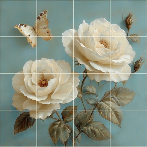 White rose and butterfly ceramic tile mural for vintage interiors
